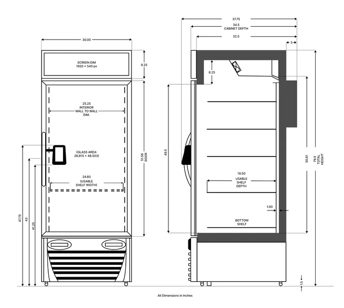 Standalone Store unit dimension diagram — 30 inch width, 34.5 inch depth, 79 inch total height
